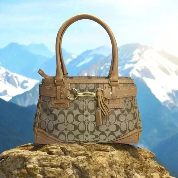 COACH Signature Satchel Shoulder Bag in tan vachetta leather/ canvas - Picture 4 of 13